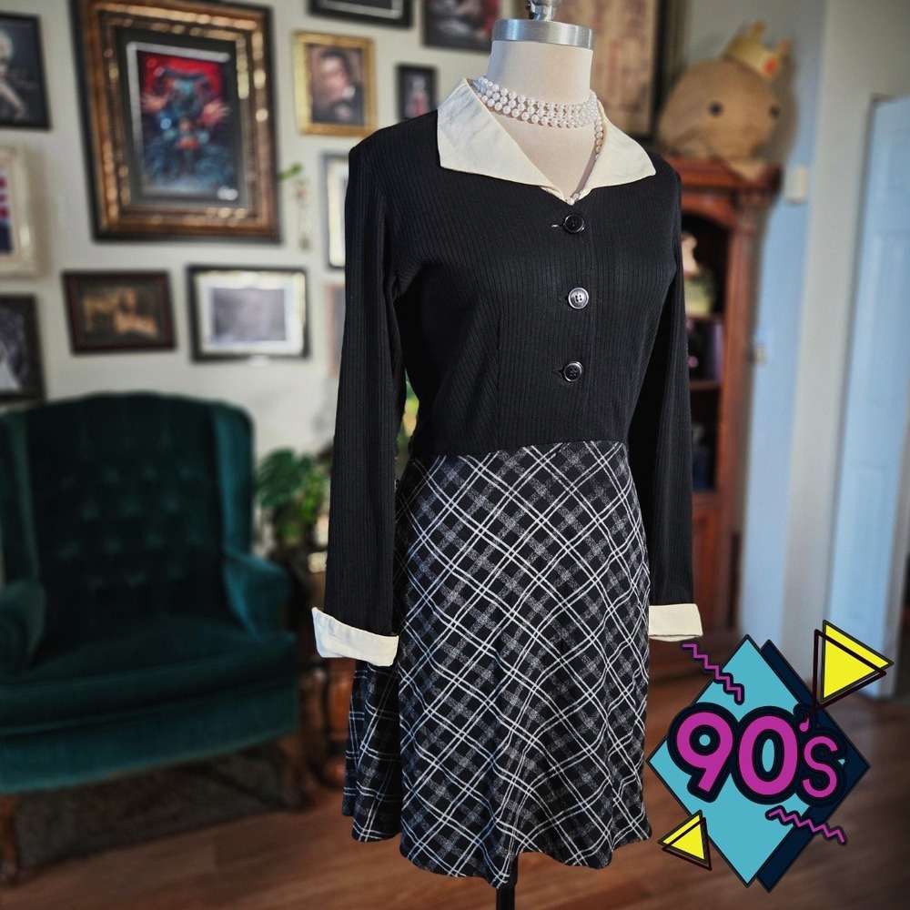 RJ Stevens Dress Vintage 90s Contrast Collar Plaid Skirt One Piece Academia Midi
